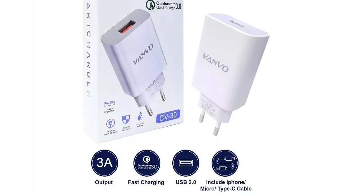 Charger Cas Vanvo CV-30 CV30 Type C / Micro USB Fast Charging 3A 20 WATT MAX QUALCOMM 3.0 A